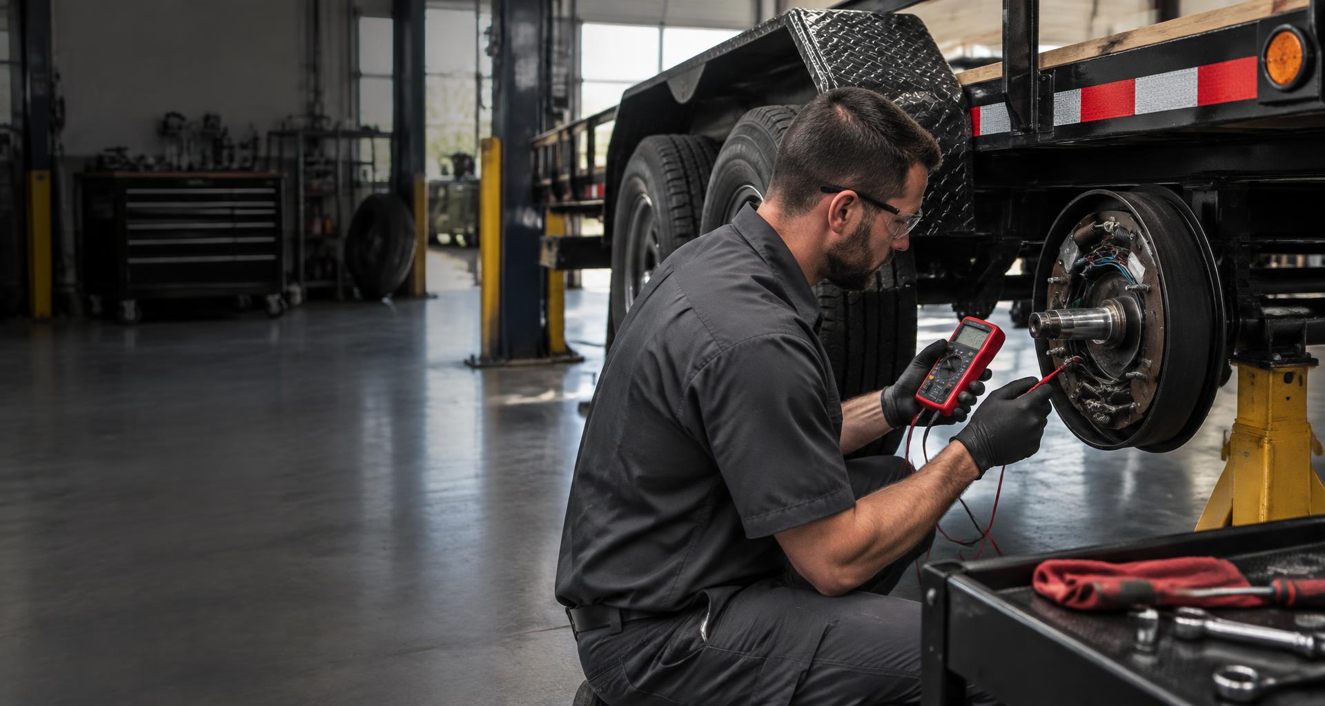 Technician testing a trailer brake circuit in a service workshop
